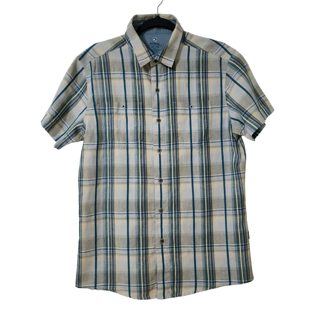 Kuhl Plaid Short Sleeve Shirt Men's M Linen Cotton Green Blue 7277 Tapered EUC